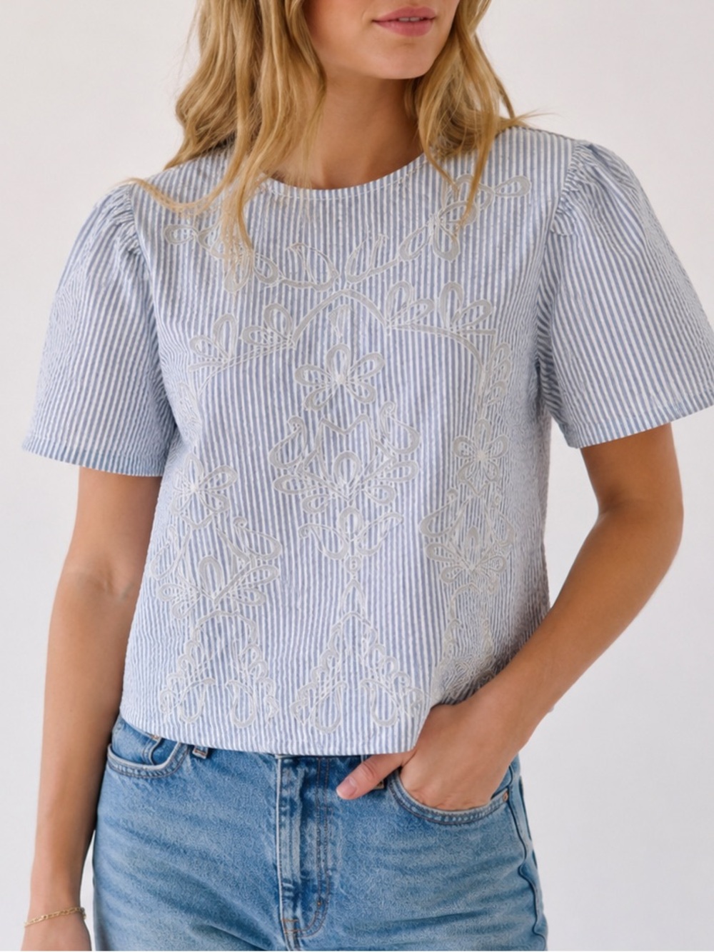 Zara Blue & White Seersucker Embroidered Blouse | Small